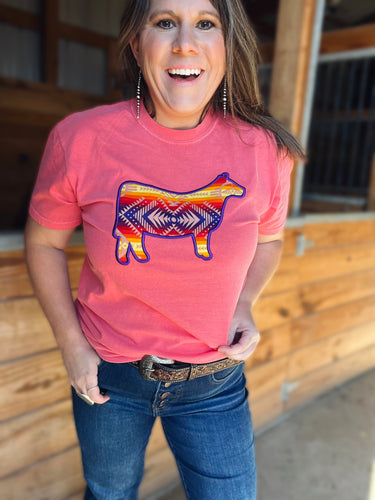 Sunset Aztec Cow Embroidered Graphic Tee