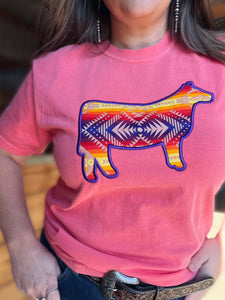 Sunset Aztec Cow Embroidered Graphic Tee