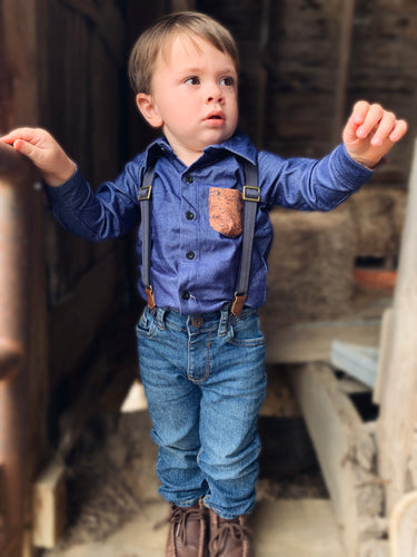 Kids Little Leather Denim Button Up