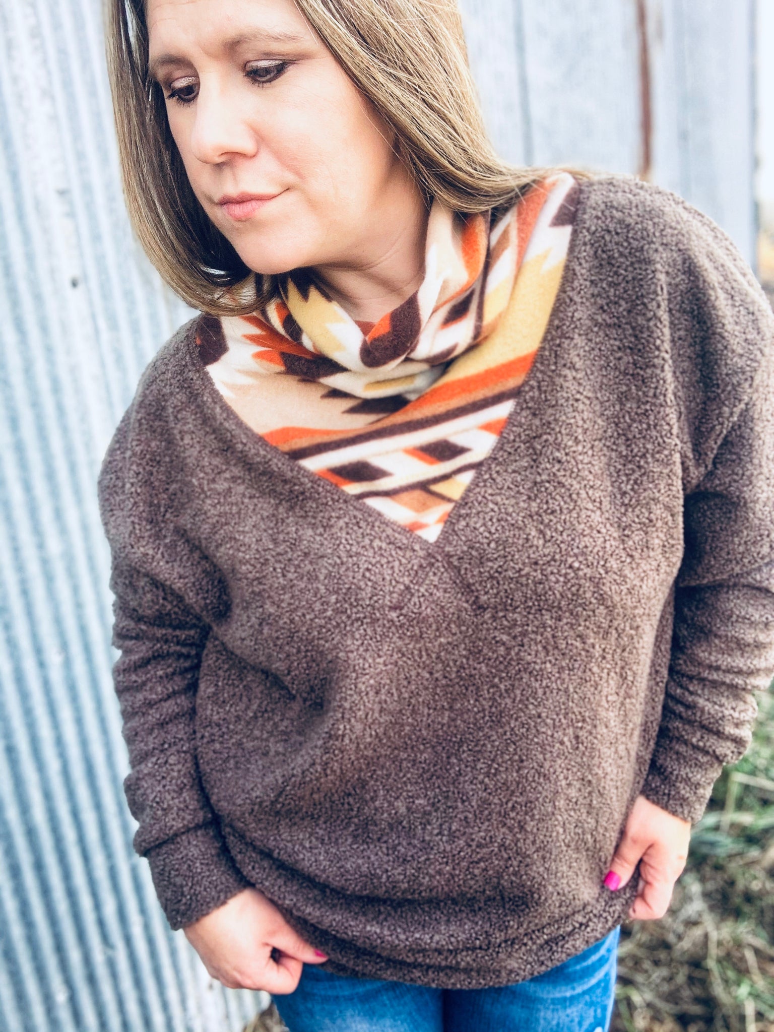 Aztec cowl neck outlet pullover